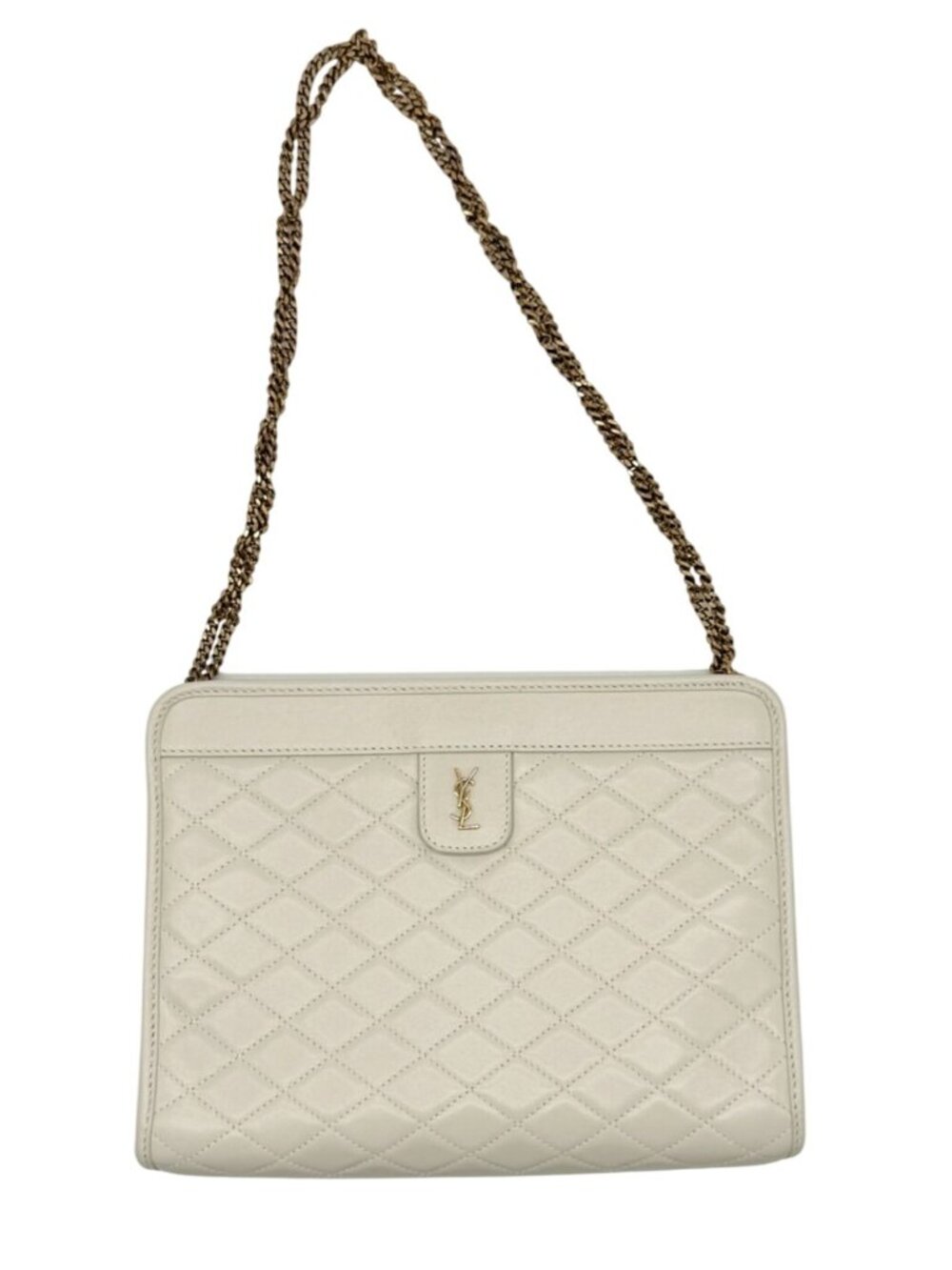 Saint Laurent Lambskin Quilted Monogram Baby Victoire Chain Clutch Blanc Vintage